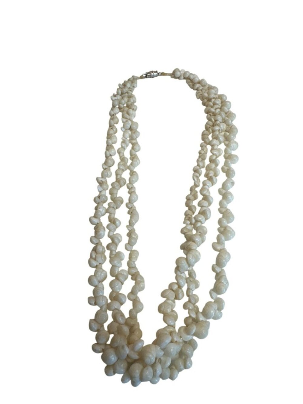 White Shell Multi-Strand Beaded Necklace Barrel Clasp Chunky Vintage Handmade